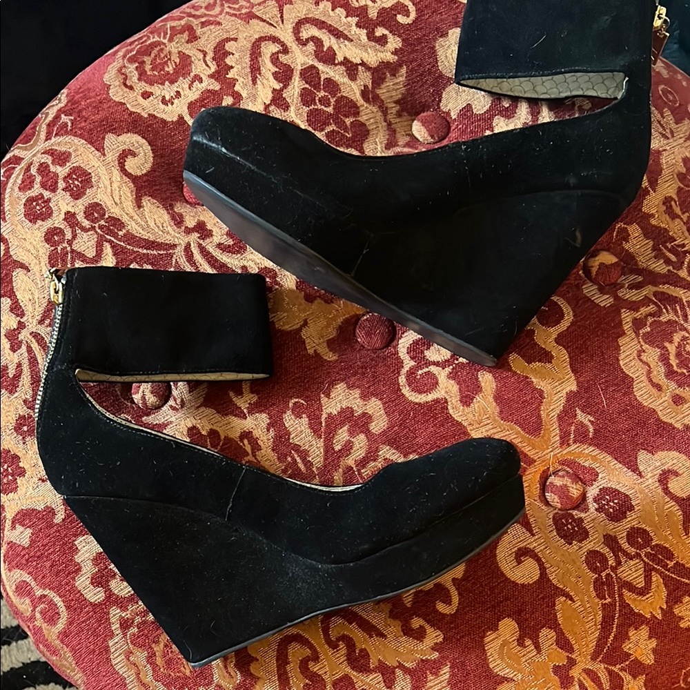 Matiko Black Suede Wedge Heels with Ankle Strap